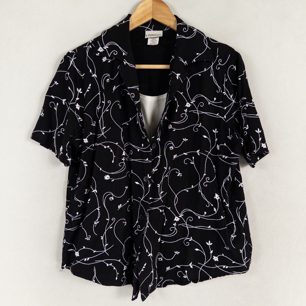 Modern Essentials Shirt Womens Sz Medium Black White Floral 2 In 1 Layered Look